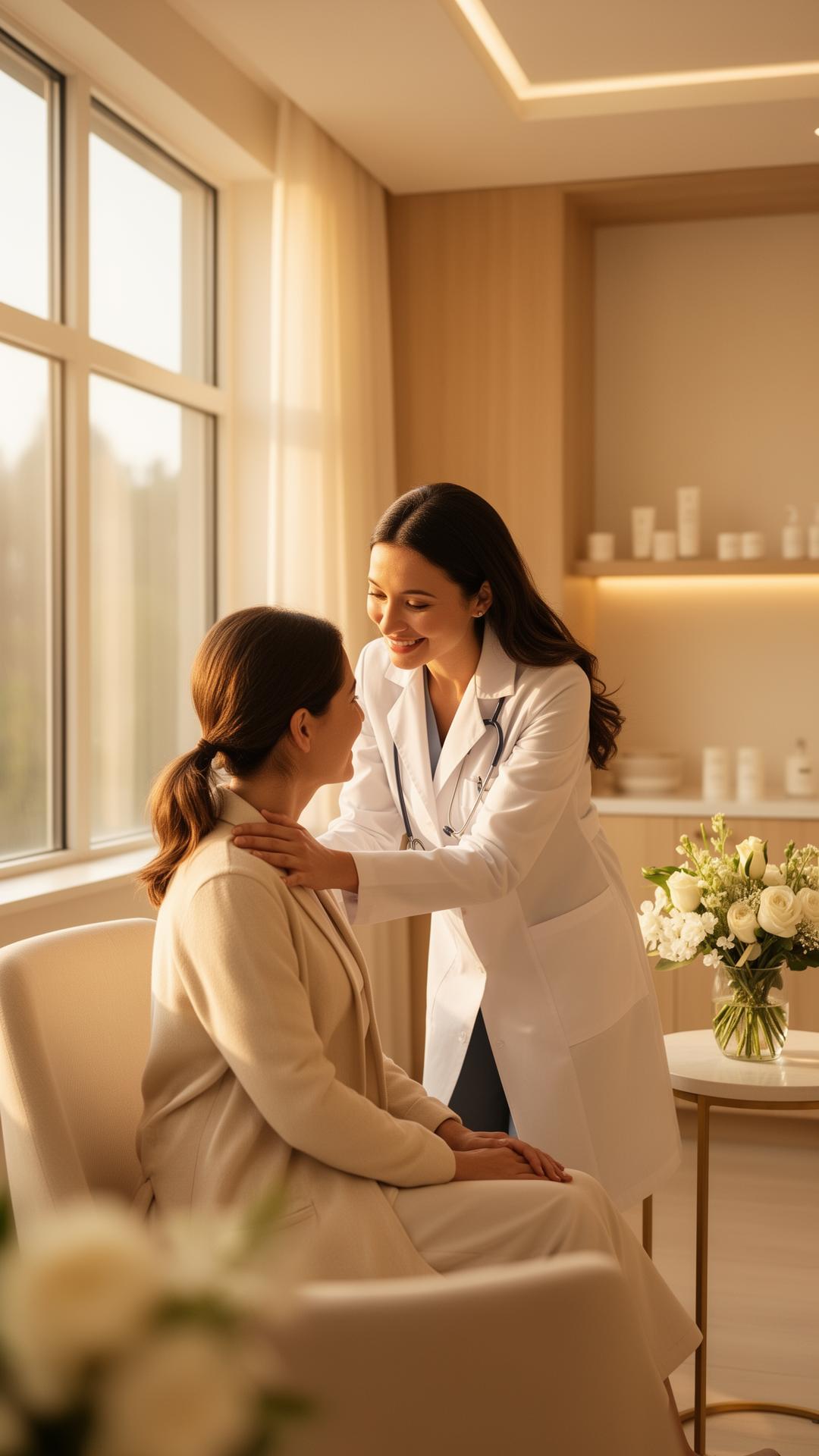 A doctor sharing a warm moment with a patient in a sunlit clinic